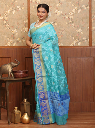 Sky Blue Mercerised Cotton Banarasi With Floral Border And Jaal