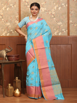 Sky Blue-Pink Mercerised Cotton Banarasi With Floral Border And Butis