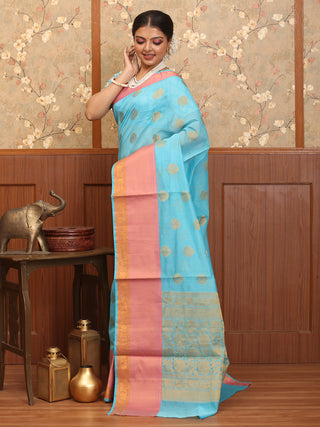 Sky Blue-Pink Mercerised Cotton Banarasi With Floral Border And Butis