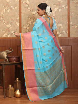 Sky Blue-Pink Mercerised Cotton Banarasi With Floral Border And Butis