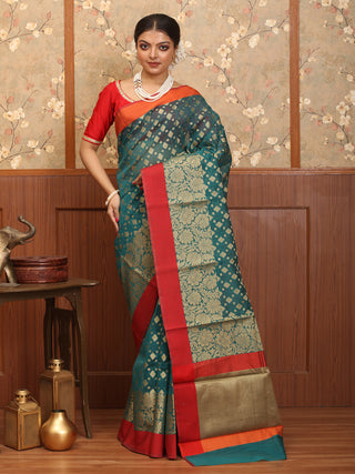 Dark Teal Blue-Red Cotton Silk Banarasi With Floral Border And Butis