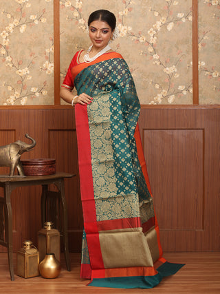 Dark Teal Blue-Red Cotton Silk Banarasi With Floral Border And Butis