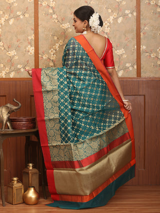 Dark Teal Blue-Red Cotton Silk Banarasi With Floral Border And Butis