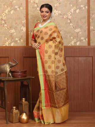 Sandal Colour Mercerised Cotton Banarasi With Traditional Border And Butis