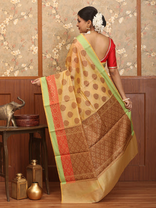 Sandal Colour Mercerised Cotton Banarasi With Traditional Border And Butis