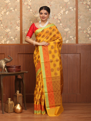 Yellow Mercerised Cotton Banarasi With Traditional Border And Butis