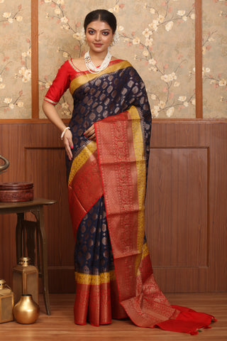 Midnight Blue Georgette Banarasi With Red Traditional Border And Butis
