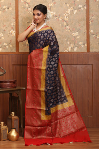 Midnight Blue Georgette Banarasi With Red Traditional Border And Butis