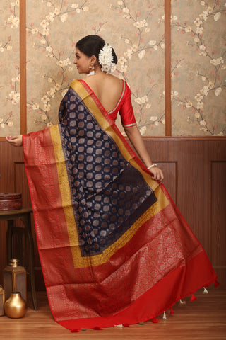 Midnight Blue Georgette Banarasi With Red Traditional Border And Butis