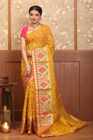 Yellow Supernet Banarasi With All-Over Antique Floral Jaal And Paithani Border