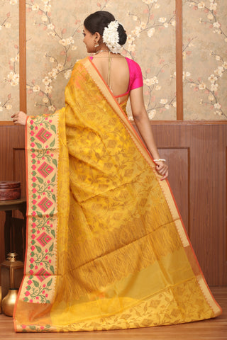 Yellow Supernet Banarasi With All-Over Antique Floral Jaal And Paithani Border