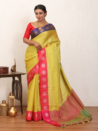 Lime Green Tanchui Blended Silk Banarasi With Navy Blue-Fuchsia Border