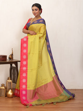 Lime Green Tanchui Blended Silk Banarasi With Navy Blue-Fuchsia Border