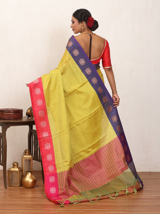 Lime Green Tanchui Blended Silk Banarasi With Navy Blue-Fuchsia Border