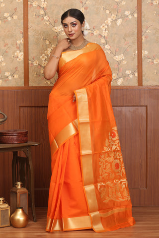 Dark Orange Mercerised Cotton Banarasi With Grand Pallu