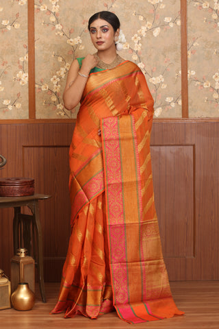 Orange-Fuchsia Cotton Silk Banarasi With Paisley Striped Body