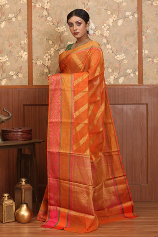 Orange-Fuchsia Cotton Silk Banarasi With Paisley Striped Body