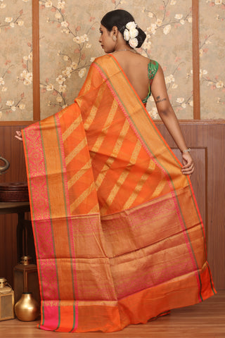 Orange-Fuchsia Cotton Silk Banarasi With Paisley Striped Body