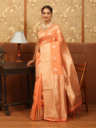 Peach Semi Raw Silk Banarasi Saree with Golden And Silver Zari