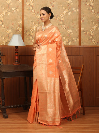 Peach Semi Raw Silk Banarasi Saree with Golden And Silver Zari