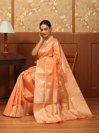 Peach Semi Raw Silk Banarasi Saree with Golden And Silver Zari