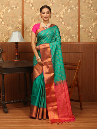 Teal and Fuchsia Copper Zari Striped Semi Katan Banarasi Saree