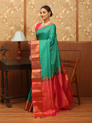 Teal and Fuchsia Copper Zari Striped Semi Katan Banarasi Saree