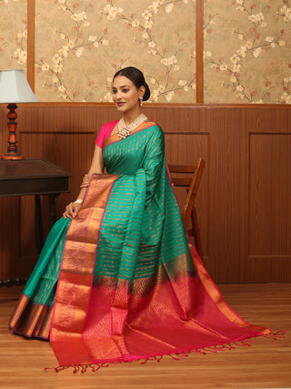 Teal and Fuchsia Copper Zari Striped Semi Katan Banarasi Saree