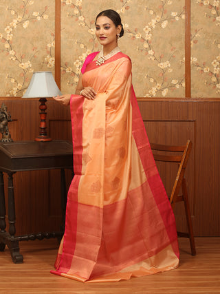 Peach and Fuchsia Blended Silk Banarasi Saree with Copper Butas