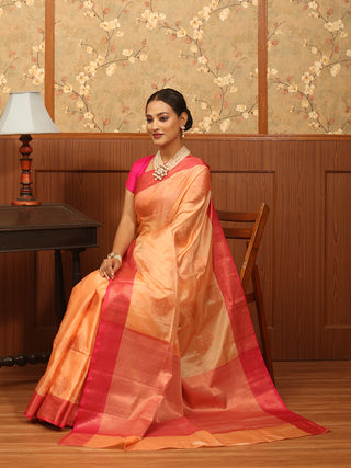 Peach and Fuchsia Blended Silk Banarasi Saree with Copper Butas