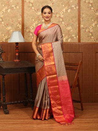 Grey and Magenta Golden Zari Striped Semi Katan Banarasi Saree