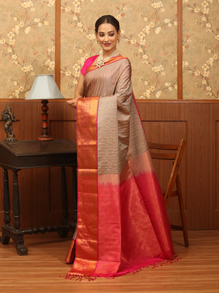Grey and Magenta Golden Zari Striped Semi Katan Banarasi Saree