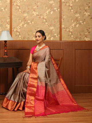 Grey and Magenta Golden Zari Striped Semi Katan Banarasi Saree