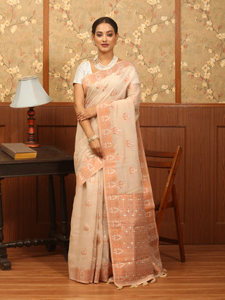 Beige Semi Raw Silk Banarasi Saree with Copper and Silver Weaving