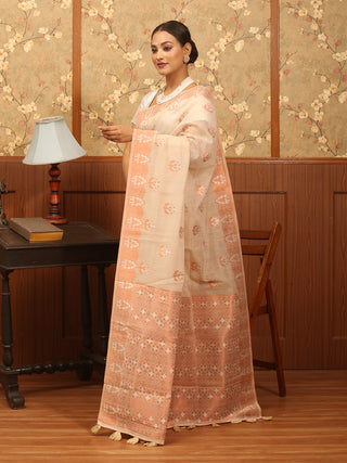 Beige Semi Raw Silk Banarasi Saree with Copper and Silver Weaving