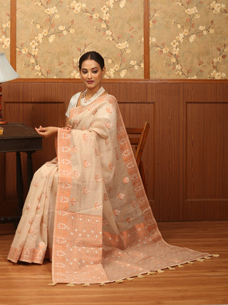 Beige Semi Raw Silk Banarasi Saree with Copper and Silver Weaving