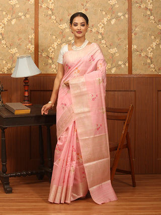 Baby Pink Semi Raw Silk Banarasi Saree with Silver Border