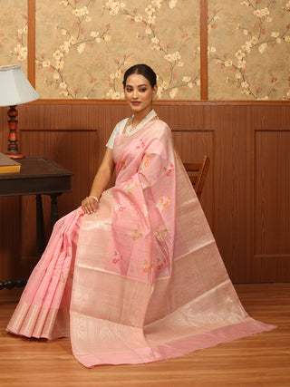 Baby Pink Semi Raw Silk Banarasi Saree with Silver Border