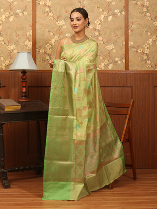 Parrot Green Semi Raw Silk Banarasi Saree with Antique Gold Border