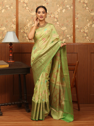 Parrot Green Semi Raw Silk Banarasi Saree with Antique Gold Border