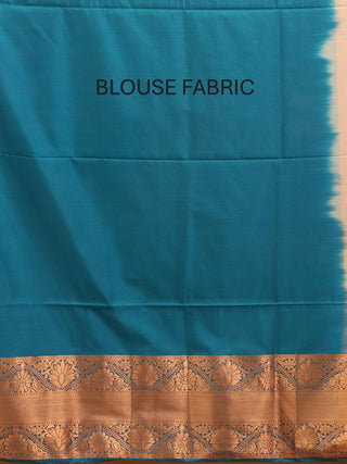 Peach and Peacock Blue Antique Gold Zari Striped Semi Katan Banarasi Saree