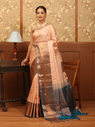 Peach and Peacock Blue Antique Gold Zari Striped Semi Katan Banarasi Saree