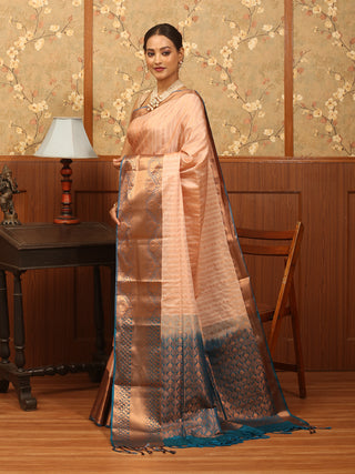 Peach and Peacock Blue Antique Gold Zari Striped Semi Katan Banarasi Saree