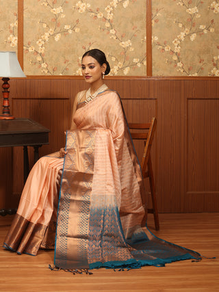 Peach and Peacock Blue Antique Gold Zari Striped Semi Katan Banarasi Saree