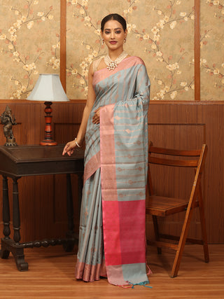 Blue Gray and English Rose Colour Semi Katan Banarasi Saree