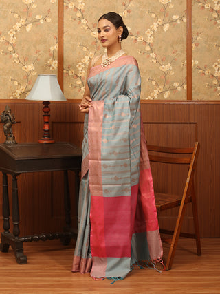 Blue Gray and English Rose Colour Semi Katan Banarasi Saree