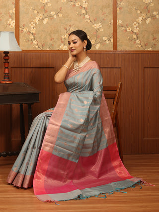 Blue Gray and English Rose Colour Semi Katan Banarasi Saree
