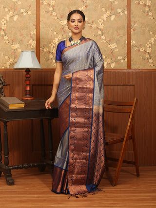 Sky Blue and Navy Blue Colour Antique Gold Zari Woven "Hazar Buti" Semi Katan Banarasi Saree