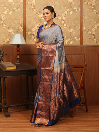 Sky Blue and Navy Blue Colour Antique Gold Zari Woven "Hazar Buti" Semi Katan Banarasi Saree