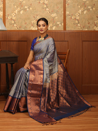Sky Blue and Navy Blue Colour Antique Gold Zari Woven "Hazar Buti" Semi Katan Banarasi Saree